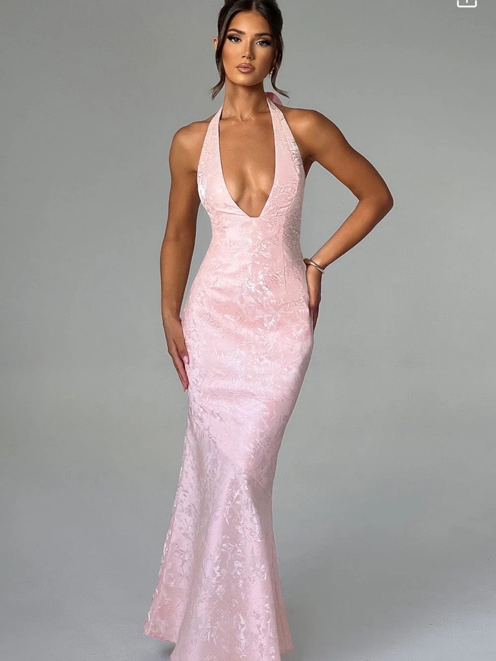 Backless Halter Pink Jacquard Evening Dress